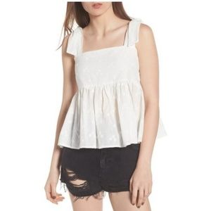 BP Shoulder Tie Embroidered Peplum Top